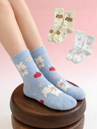 1/2/3 Dubbelskiktade Dam Flerfärgade Djurmönster Tecknade Roliga, Bekväma och Mångsidiga Hemma Golv Varma Mittvadsstrumpor