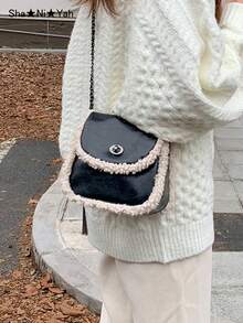2025 New Autumn/Winter Fashion Chain Faux Shearling Crossbody Bag, Ins Half-Circle Saddle Shoulder Bag For Women