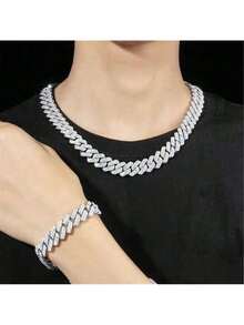 Conjunto de pulseira e colar cubano colar de corrente com cravação de gelo colar de diamantes hip-hop masculino - Prata - Visão 3