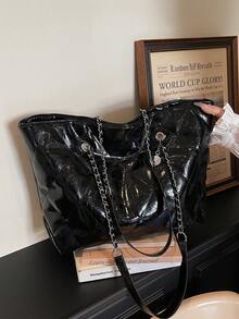 Rhombus Design Large Capacity Tote Bag, Minimalist Versatile Bucket Bag, New Shoulder Bag - Black - View 11