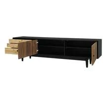 TV Cabinet, Lowboard With Door Panels Featuring A Water Wave Pattern And Three Drawers In A Wood And Black Color Scheme. - 自然色 - 查看 7