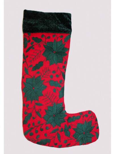 Genérico Bota Navideña Decorativa con Bordado Floral, Rojo y Verde, Diseño Tradicional para Decoración de Navidad, Adorno de Tela para Colgar