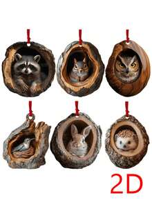 6 Pieces 6 Kinds Of Animal Christmas Ornaments, 2D Cute Christmas Acrylic Pendants, Animals, Raccoon, Owl, Squirrel, Hedgehog, Rabbit, Bird, Beautiful Animal Ornaments, Christmas Party Fireplace Window Decorations, Classic Faith Decorations, Suitable For Christmas And Winter