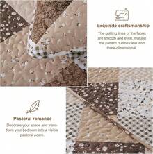 Floral Plaid Patchwork Quilt Set King Size, Reversible Brown Bedding Set Soft Microfiber Lightweight Bedspread Coverlet 3 Piece All - Season Use (104x90 Inches) - Deep Brown - View 4