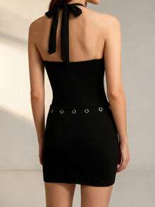 Womens Lingerie Set Hollowed Metal Ring Sleeveless Halter Neck Bodysuit Tops And Mini Bodycon Skirt 2 Piece Naughty Outfits - 黑色 - 查看 7