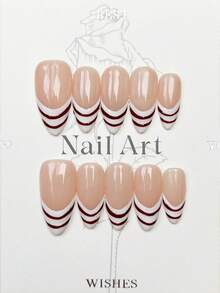 10片手工美甲贴片，杏仁形亚克力材质，中号，柔和裸粉色，白色法式尖头，红色曲线，前卫优雅简约秋季美甲，秋季美甲贴片，适合派对、日常、约会、海滩、热带度假等场合，DIY美甲，适合女性和女孩作为礼物，美甲用品，手工美甲贴片 - 粉色 - 查看 11