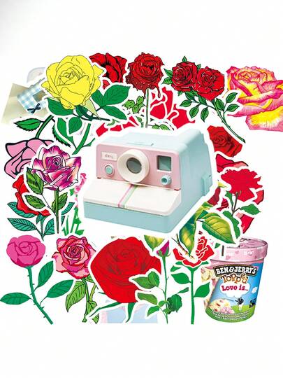 100PCS Vintage Rose Collage With  Camera And Ben & Jerry's Ice Cream Tub Self-Adhesive Paper Stickers For Party Invites, Gifts, Scrapbooking, Journaling, Laptop, Bumper, Skateboard, Wate