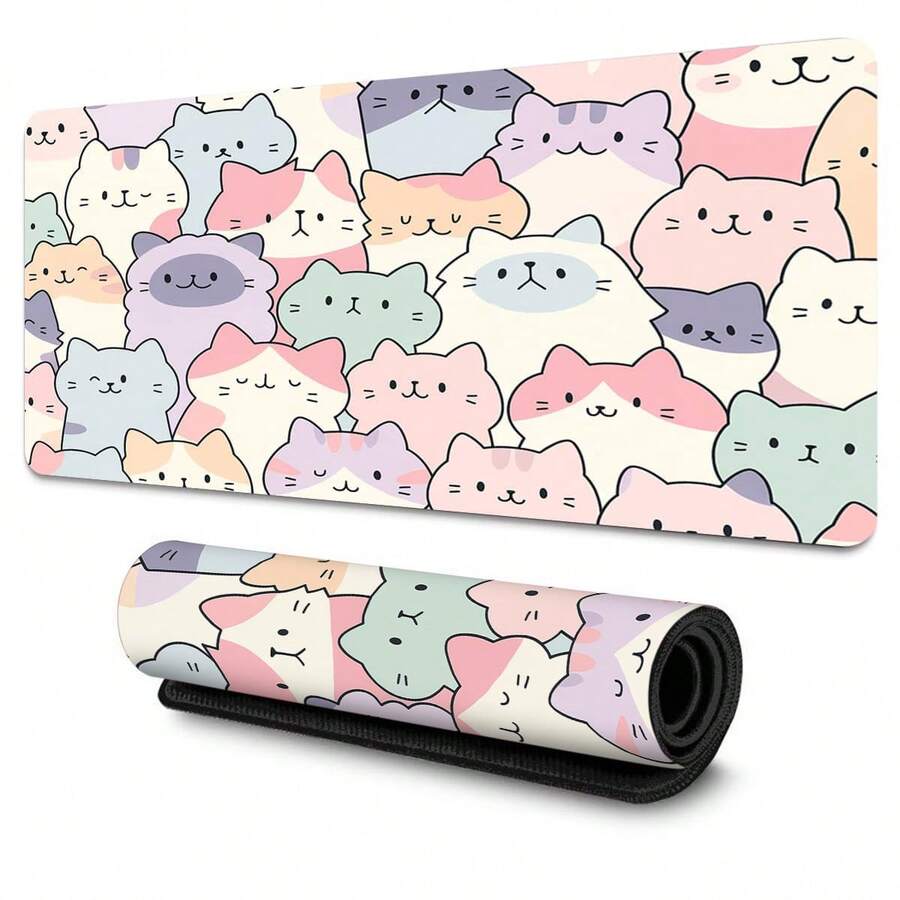 Tấm lót chuột in hình mèo nhiều màu pastel - Bề mặt mềm mại, chống bám bẩn và dễ lau chùi, viền may chắc chắn chống xù lông, tấm lót dễ thương cho bàn làm việc của người yêu thú cưng / bàn học của nữ sinh / văn phòng tại nhà.