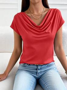 PRETTYGARDEN Women's Summer Clothes Tops Dressy Casual Clothing Cowl Neck Short Sleeve Blouses Business Work Office Shirts  Tops For Women - 紅色 - 查看 2