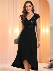 EVERPRETTY Elegant Black V-Neck Sequin Bodycon Mini-Dress, Suitable For Formal Events, Cocktail Parties Or Wedding Guests - Black - View 1