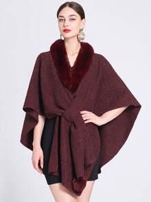 1 pièce Poncho châle à col en fourrure, couleur unie, avec cordon de serrage et gland, pour l'hiver, pour femmes - Multicolore - Voir 3