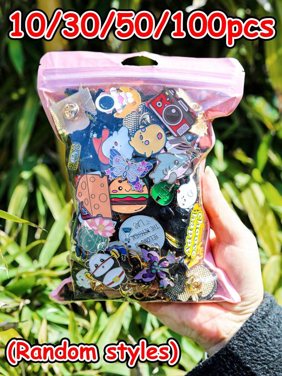 10/15/20/30/40/50/60/70/80/100枚随机胸针混装（不重复款式），合金金属徽章，动物、水果、蔬菜、卡通、字母图案，隐藏收藏款式，可爱、优雅、休闲设计，适合多种场合，数量越多，款式越多，可作为鞋子、包包、衣服的装饰配件，是送给成人和儿童的绝佳礼物 - 彩色 - 查看 1