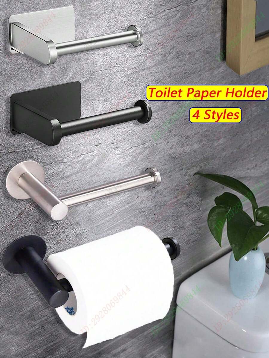 1pc Stainless Steel Toilet Paper Holder, Self-Adhesive Tissue Dispenser, Comfortable Paper Towel Rack, Absorbent Napkin Holder, Bathroom Accessories, Kitchen Towel Rack, Paper Towel Holder, No Drilling Required, Wall-Mounted, Storage Cabinet, Bathroom Organizer, Bathroom Hardware, Bathroom Decor, Round/Square Base - Multicolor - View 1