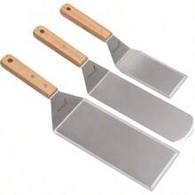 Juego de 6 espatulas de metal Kit de accesorios para plancha Espatula plana para tortitas aleta para hamburguesas utensilio de metal ideal para parrilla de barbacoa parrilla de hierro fundido de parte superior plana grado comercial - Juego de mango de madera - Ver 1