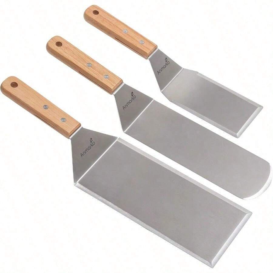 Juego de 6 espatulas de metal Kit de accesorios para plancha Espatula plana para tortitas aleta para hamburguesas utensilio de metal ideal para parrilla de barbacoa parrilla de hierro fundido de parte superior plana grado comercial - Juego de mango de madera - Ver 1