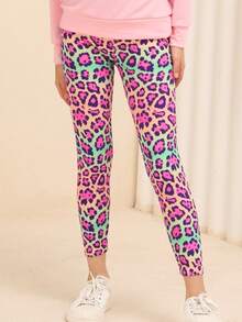 Girls' Leopard Print Leggings, Children's Snug Fit Cropped Pants, Personalized Mid-Calf Trousers, Slim Fit Soft & Versatile, Suitable For All Seasons, Tights