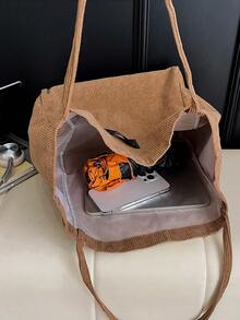 1 chiếc túi xách tay gấp gọn tối giản, chất liệu nhung kẻ trơn, dung tích lớn, thích hợp cho cả nam và nữ sử dụng hàng ngày. - Màu Mù tạt vàng - Xem 8