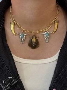 1件复古牛头树脂大牛角串珠红玛瑙镀金链项链，男女日常及派对佩戴皆宜。 - 牛仔項鍊 - 查看 9