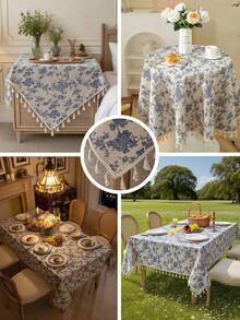 1 chiếc khăn trải bàn in họa tiết hoa hồng xanh dương, phong cách cổ điển sang trọng kiểu Pháp, thích hợp cho nhà bếp, bàn ăn, bàn cà phê, kệ tivi, lối vào, các dịp lễ, tiệc tùng, đám cưới, kỷ niệm, mọi mùa. - Xanh và trắng - Xem 3