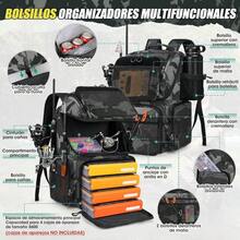 RAINSMORE Mochila de pesca 45L Mochila para aparejos de pesca con portacañas y funda impermeable Bolsa de agua grande para guardar equipo de pesca - Camuflajenegroygris - Ver 3
