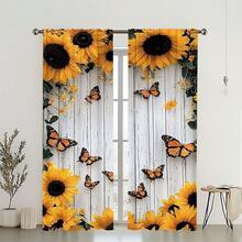 2pcs Sunflower Bliss Pattern Door Curtain - 100% Durable Polyester, Rod Pocket Window Drapes For Bedroom, Office, Kitchen, Living Room, Study Room Home Decor, Best Housewarming Gift - Yellow - View 2