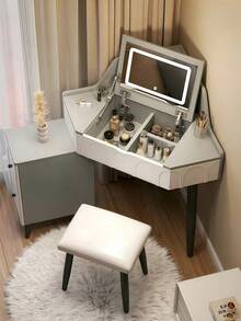 Tocador multifuncional elegante de alta calidad con espejo LED y dos cajones, taburete no incluido. - Gris - Ver 3