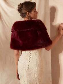 女士仿皮草披肩 - 酒红色加厚仿皮草新娘披肩，日常配饰，可搭配晚礼服保暖 - 酒紅色 - 查看 4
