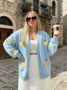 大码女士秋冬时尚 V 领长袖针织开衫，采用芒果提花拼色设计，非常适合甜美休闲的日常穿着和校服。 - 彩色 - 查看 4