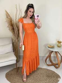Vestido Longo Feminino Vestido Leise Malha Vestido de Festa - Laranja - Visão 1