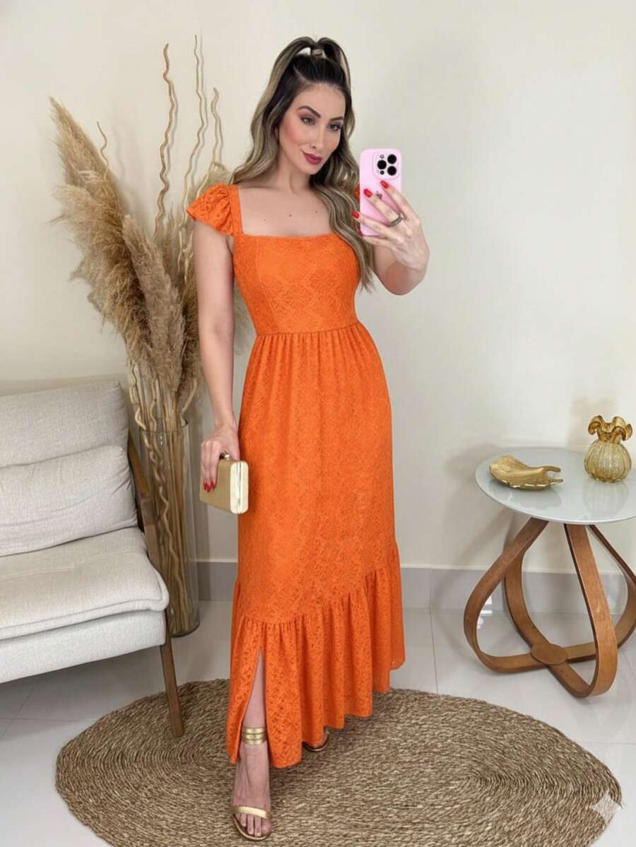 Vestido Longo Feminino Vestido Leise Malha Vestido de Festa - Laranja - Visão 1