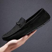 Men's Slip-On Loafers, Lightweight Handmade Stitching Solid Color Moccasins, Men's Casual Fabric Rubber Sole - Black - View 5