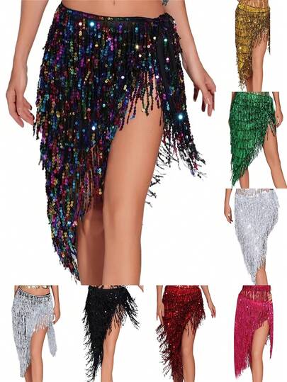 Acessórios de Fantasia de Dança do Ventre Exquisita, Cinto Triangular com Franjas Longas Enfeitado com Lantejoulas, Lenço de Quadril Estiloso, e Corrente de Cintura Chamativa para Apresentações de Dança