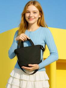 Minimalist Pink Quilted Padded Shoulder Bag, Versatile Nylon Crossbody Bag With Top Handle, Lightweight Puffer Tote For Women - 黑色 - 查看 5