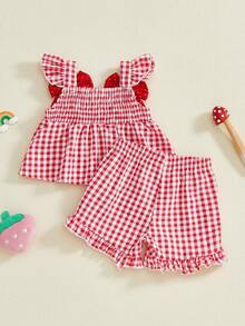 Toddler Baby Girl Summer Outfit Strawberry Embroidered Plaid Bows Ruffled Trim Tank Tops And Shorts 2 Pcs Set - Red - View 2