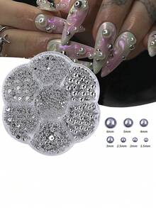 Half Round Ab Pearls, 7 Compartment Plum Box Set, Colourful Nail Art Pearls, DIY, Resin Pearl Nail Jewelry, Perfect Nail Jewelry For Winter, And Valentine's Day - Multicolor - View 13