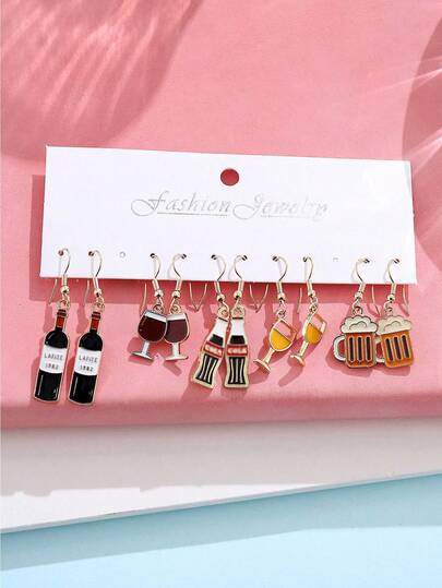 5 Pairs Women's Earring Set, Funny Wine Bottle, Champagne Glass, Soda Cup, Beer Mug Pendant Earrings, Versatile For Daily Wear, Creative Personalized Dangle Earring Set, Suitable For Women's Wine Events, Cocktail Parties, Carnival, New Year Gifts, Jewelry Accessories