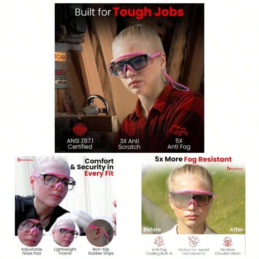 Safety Glasses Goggles U2013 ANSI Z87, Adjustable, 5X Anti - Fog ClearShield Lenses, Includes Premium EVA Hard Case - Pink - View 1