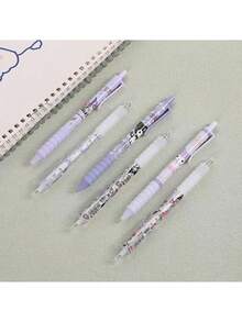 6支装可爱卡通设计中性墨水圆珠笔，0.5mm黑色凝胶笔，书写流畅速干按动式笔，卡哇伊学生风格办公学习用品