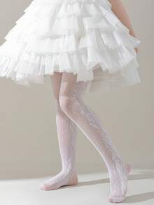 1/2 双女童夏季纯白色/米色镂空蕾丝网眼透气连裤袜，百搭日常穿着