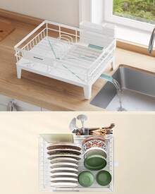 SONGMICS Escurreplatos, Escurridor para Encimera de Cocina, Giratorio 360° y Extensible, con Soporte para Cubiertos, 31 x 42 x 18,5 cm, Blanco Nube - Blanco - Ver 4