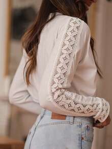 Women's Elegant Spring/Summer New T-Shirt, Lace Patchwork Ruffle Trim Solid White Casual Pocket Round Neck Tee - White - View 5