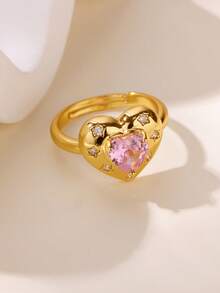 1枚粉色锆石心形戒指，女士款，18K镀金几何可调节开口戒指，婚礼美学情侣首饰，圣诞礼物 - 金黃色1 - 查看 17