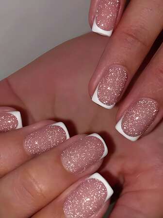 24pcs French Short Nails, Y2K Pink Gradient Glossy Square Pattern, Minimalist Style, Reusable, Acrylic Material, Fake Nails With 24pcs Jelly Stickers And Mini Nail File Included