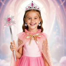 Kids Costume Play Toy Sequin Cape Necklace Ring Crown Wand Set, Sequin Cloak Cape Veil Suitable For Birthday Party Holiday Christmas New Year Gift