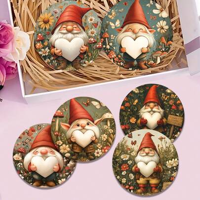 4 pièces/6 pièces/300 pièces Dessous de verre en boue de diatomées avec motif de vieil homme nain et floral, convenant à la décoration de la maison, des cafés, des salons de thé, des restaurants, des fêtes à thème, à la décoration quotidienne, et pouvant également être offerts en cadeau