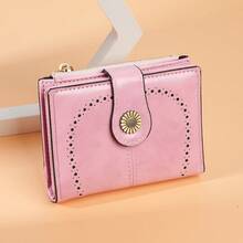 Cartera de cuero aceitado para mujeres, cartera corta retro, monedero multifuncional hueco, clip para dinero - Azul - Ver 7
