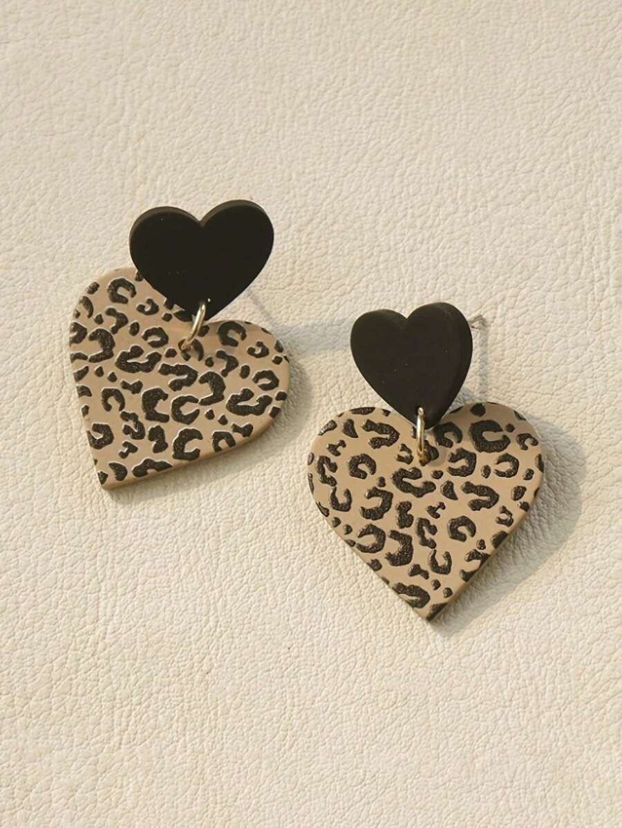 1 par de pendientes con colgante de acrílico con textura de corazón con estampado de leopardo marrón, pendientes de corazón para el Día de San Valentín, el mejor regalo para la novia - Multicolor - Ver 1