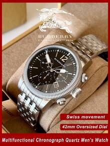 Burberry Đồng hồ nam dây đeo thép không gỉ mạ bạc, mặt số đen, chức năng bấm giờ. - Bạc - Xem 1