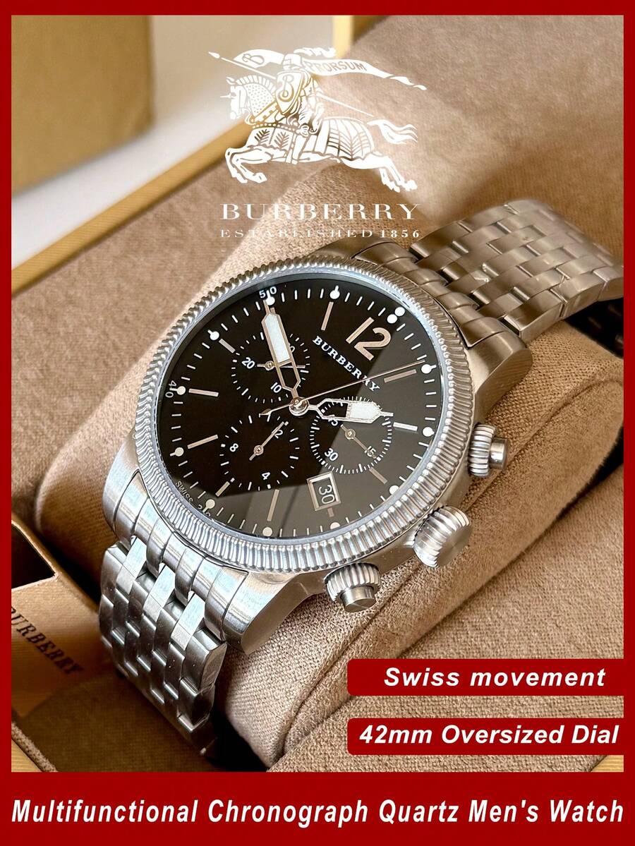 Burberry Đồng hồ nam dây đeo thép không gỉ mạ bạc, mặt số đen, chức năng bấm giờ. - Bạc - Xem 1