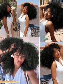 Afro Kinky Curly Wig Human Hair With Bangs Full Machine Made Scalp Top Wig 250 Density Brazilian Virgin Short Curly Human Hair Wigs For Women None Lace Front Wig No Glue Natural Color - màu tự nhiên - Xem 9